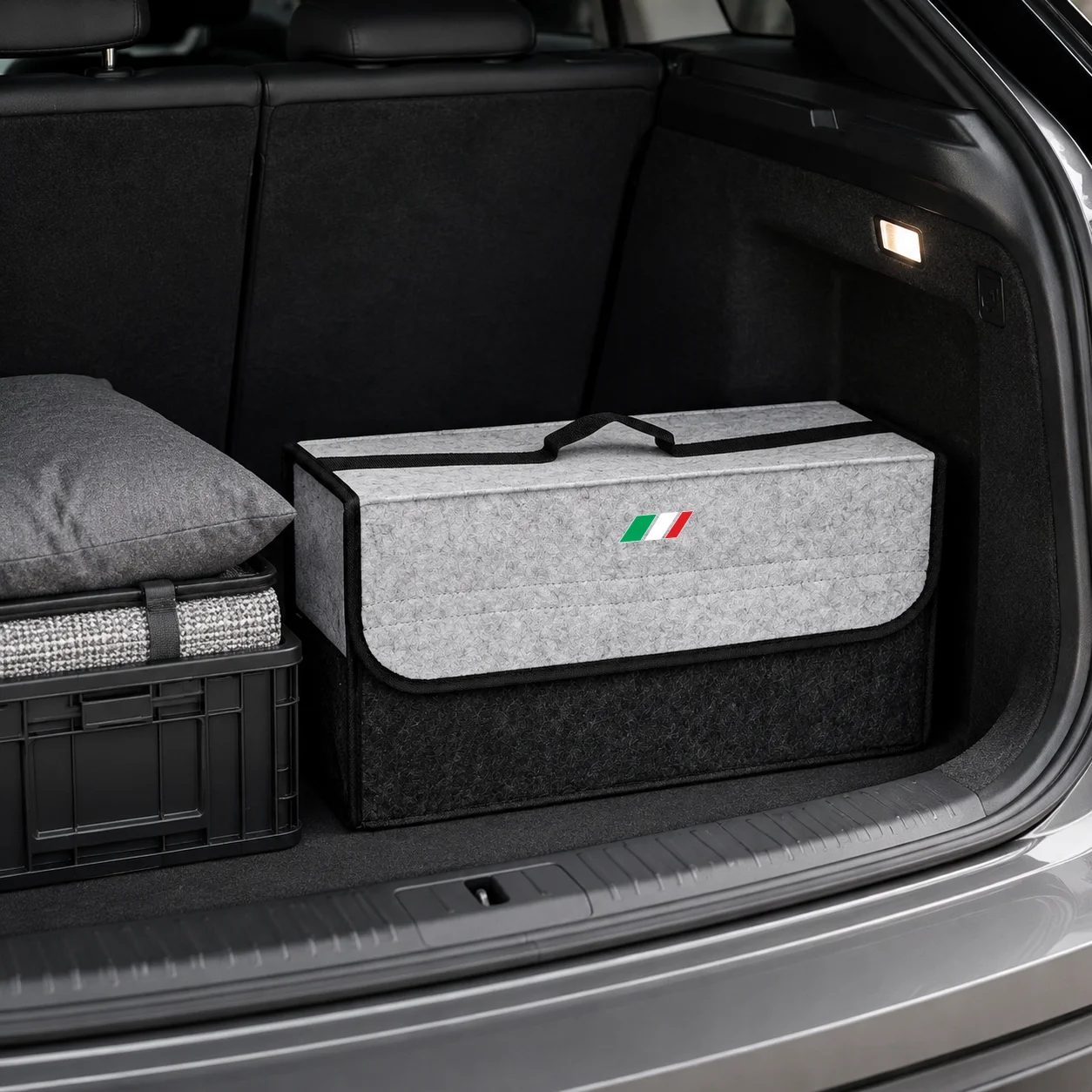 Italienische Dreifarben-Filz-Auto-Aufbewahrungsbox 50×17×24cm, Faltbare Kofferraum-Aufbewahrungsbox mit Deckel, Tragbarer Haushalts-Organizer für Kleinkram – Detail 8