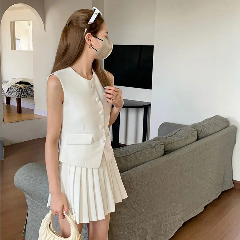 Korea Elegant Two Piece Set Vintage Office Lady Button Sleeveless Top + Pleated Mini Skirts Suit Retro Summer Black Outfit White