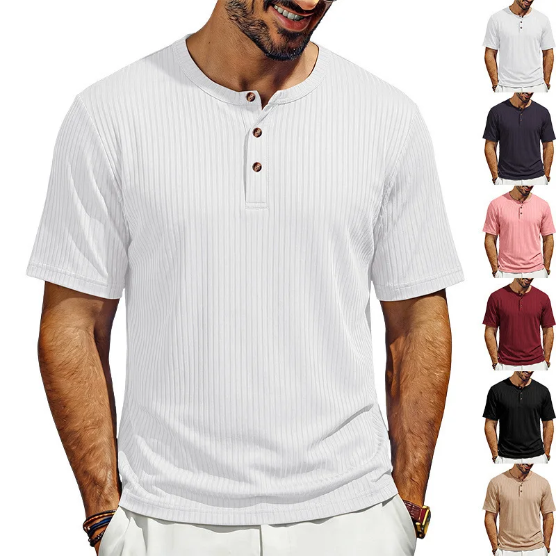 Summer New Men's Henry Collar Pit Strip T-shirt Loose Knitted Short-sleeved Solid Color Top