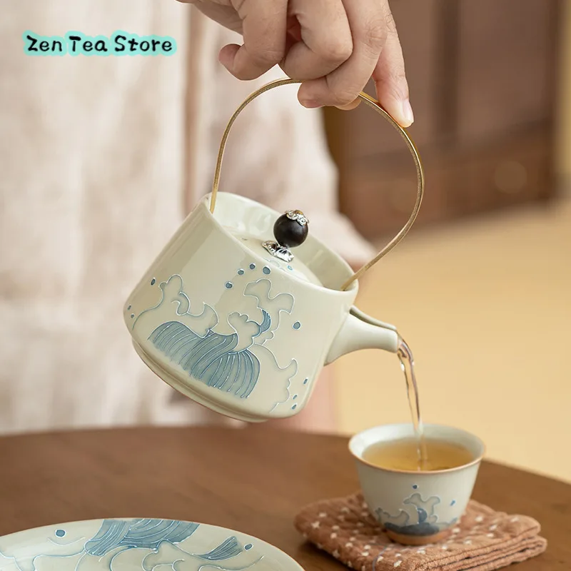 Copper Beam Pot Single Pot Ceramic Large Capacity Tea Set Bubble Filter Home Retro Tea Pot Under Glaze Color Waves