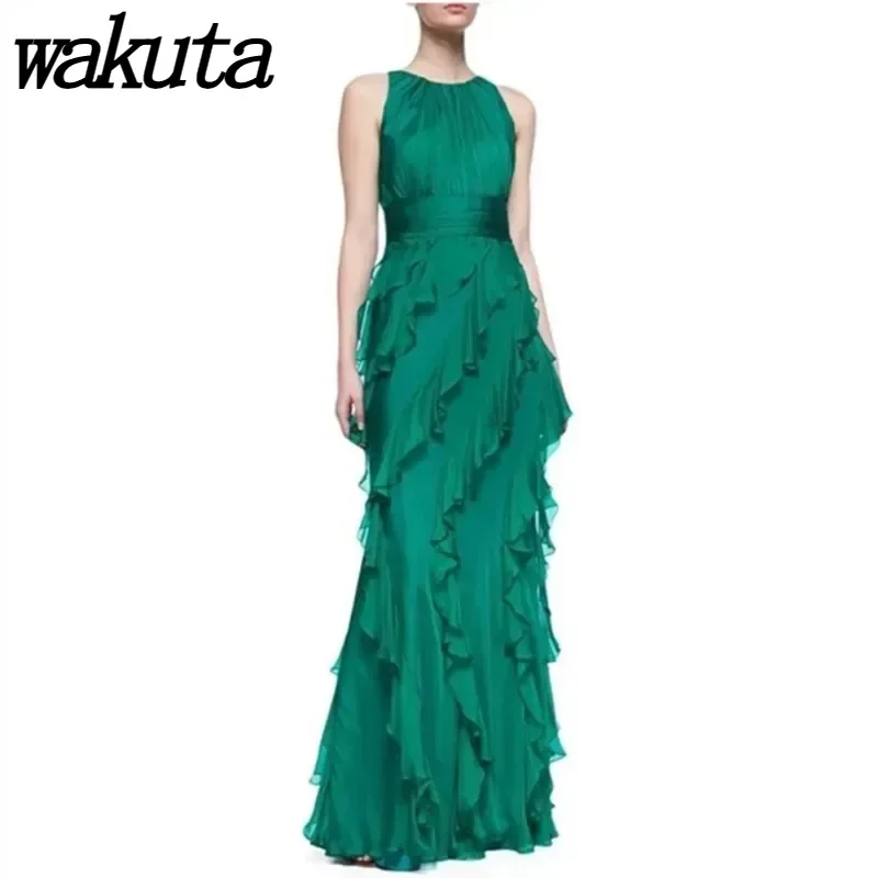 Wakuta-vestido Formal Vintage con volantes verdes para mujer, traje De baile De graduación con línea A, ocasiones elegantes, Vestidos De fiesta De