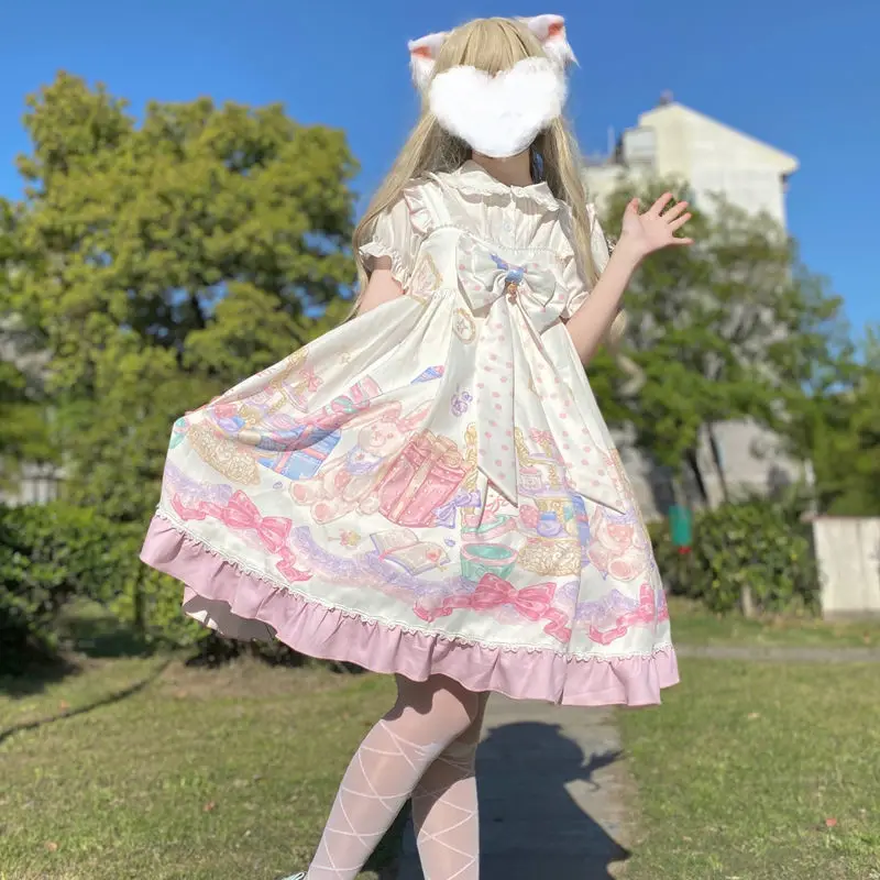 Kawaii Lolita Dress Women Girls JSK Lolita Kawaii Cute Cartoon Tea Party Dresses Ruffles Cosplay Spring Summer Slip Dress