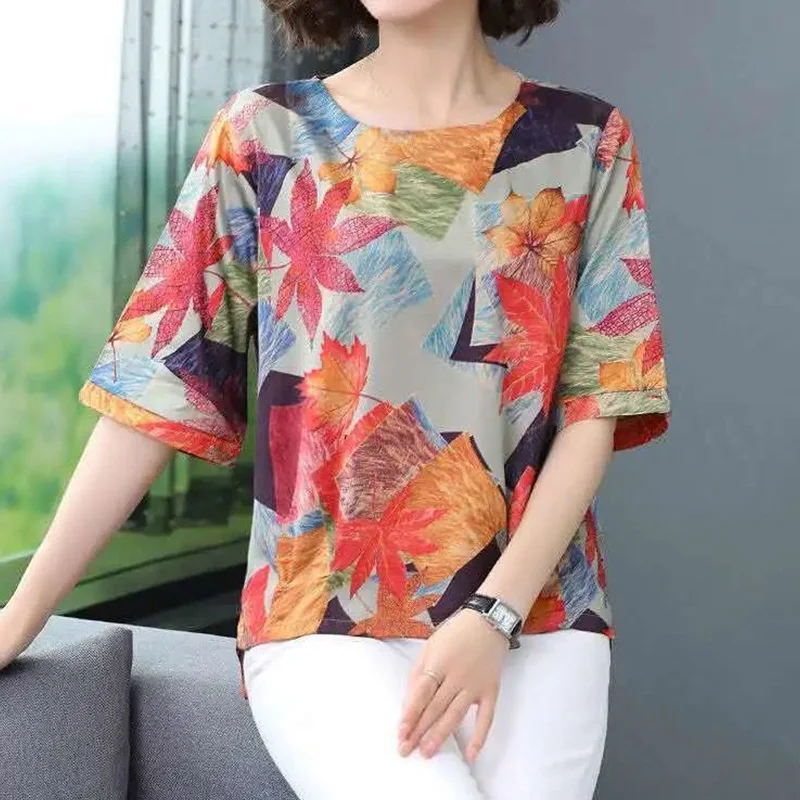 Elegant Fashion Casual Floral Printing T-shirt Summer 2023 New Half Sleeve O-Neck Loose Pullover Oversized Tops Women\'s Clothing