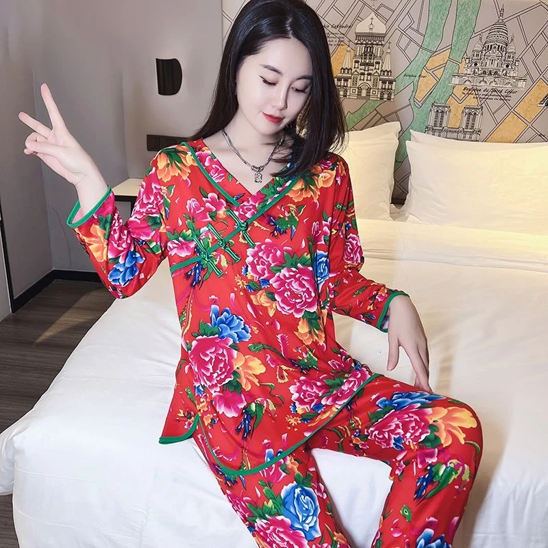 

Chinese New Year Winter Northeast Print Flower Pajamas Woman Fashion Traditional Ethnic Wind Two-piece Buttoned Home Clothes