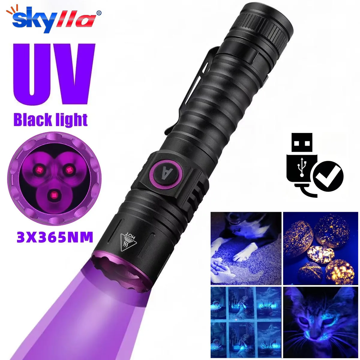 3x365nm UV LED Flashlight High Power Blacklight USB Rechargeable CatDog Pet Stain Tinea UV Glue Curing Scorpion Lamp Torch