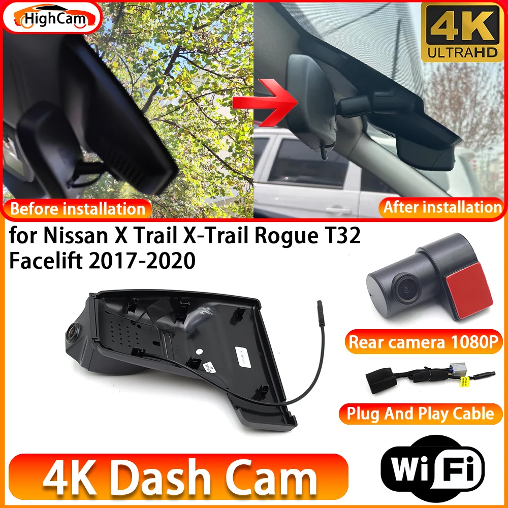 for Nissan X Trail X-Trail Rogue T32 Facelift 2017-2020 OEM 4K DVR Dash Cam Front Rear Camera WiFi Video Recorder Plug and Play