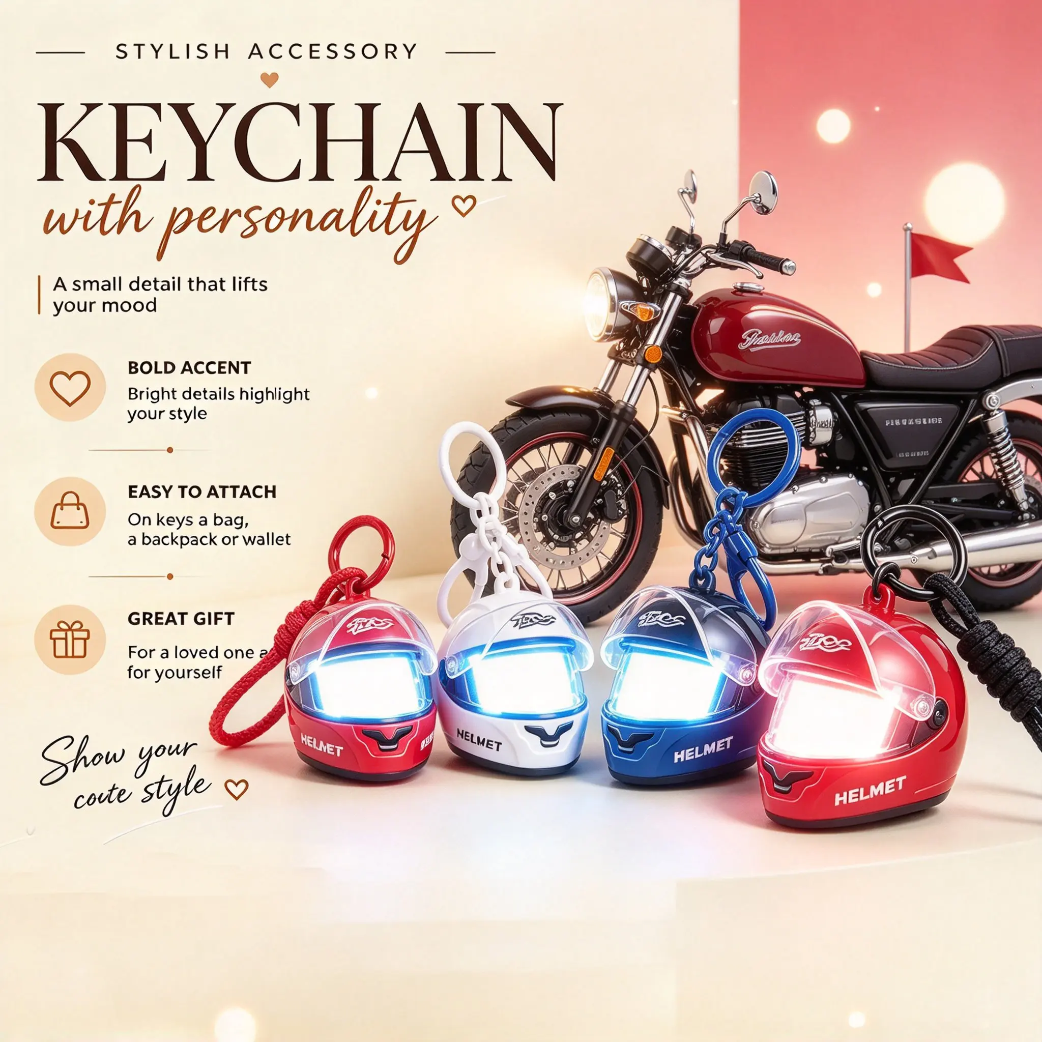 Cool Motorcycle Helmet Keychain Luminous Creative Mini Helmet Bag Charm Night Safe Riding Light Keyring Christmas New Year Gifts