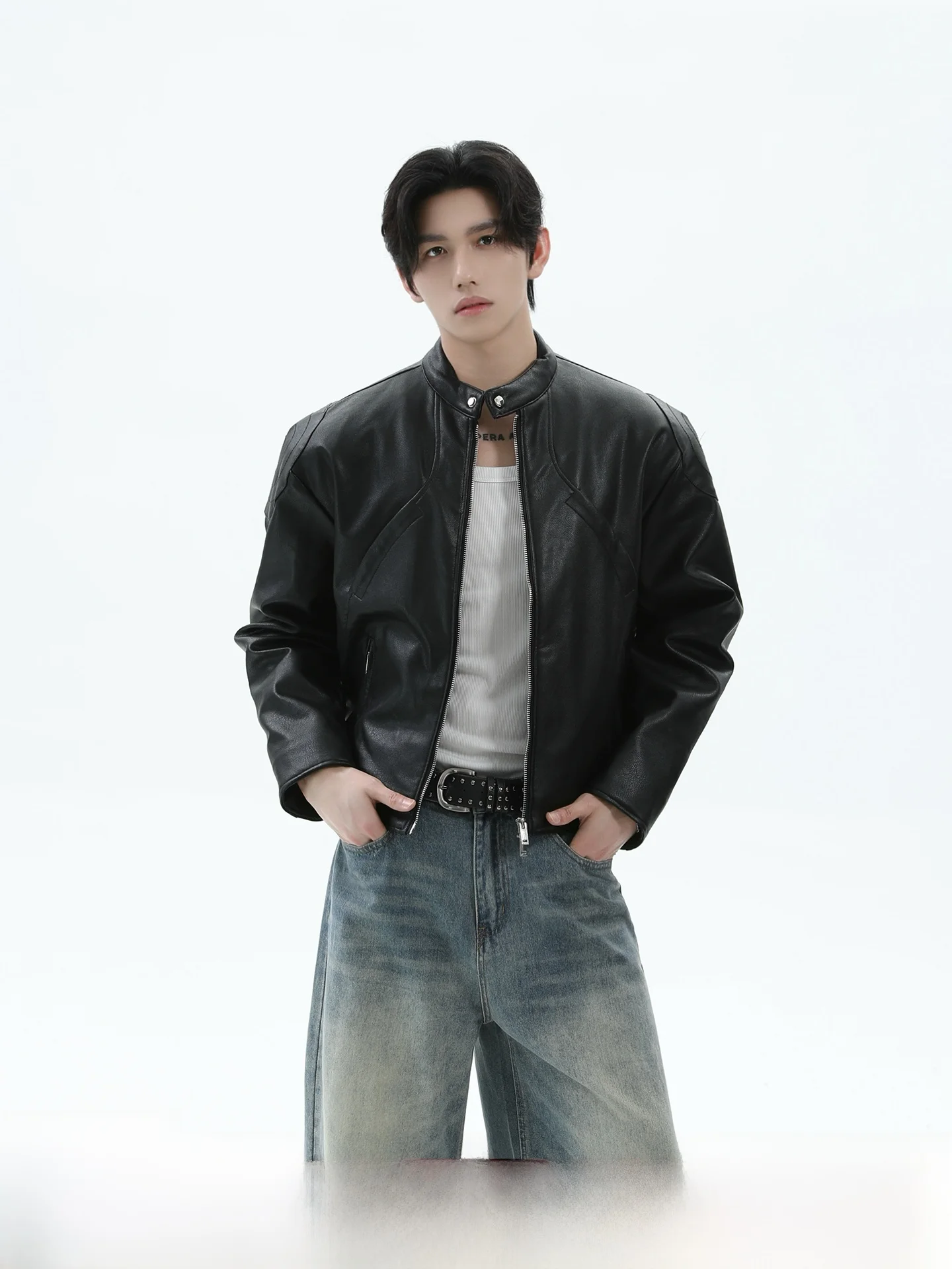 

Turntide American Retro Decosition Moto Jaet Men's Loose Haome ort PU Leather Stand Collar Biker Coat Youth Faion