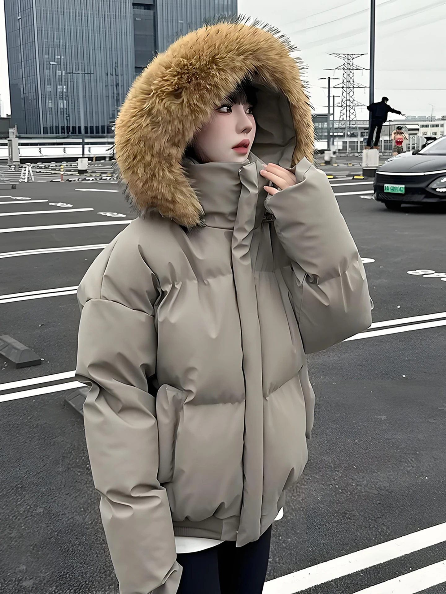 

American Sle Detachable Fur Collar Hooded down Cotton Jaet Men Women Winter Thiened Cotton Coat ort PU Leather Bread ...