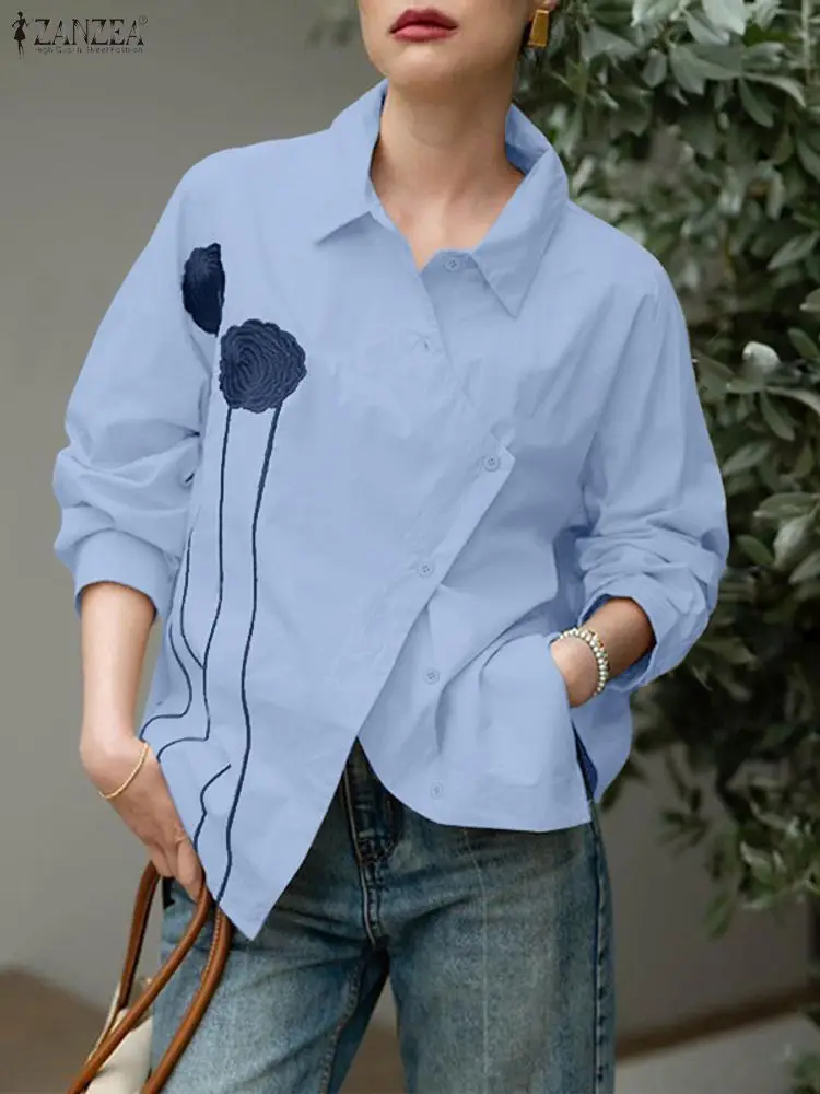 ZANZEA 2022, осенние рубашки с цветочным принтом, женские элегантные топы с лацканами и длинными рукавами, элегантная офисная блузка на пуговицах, Blusas