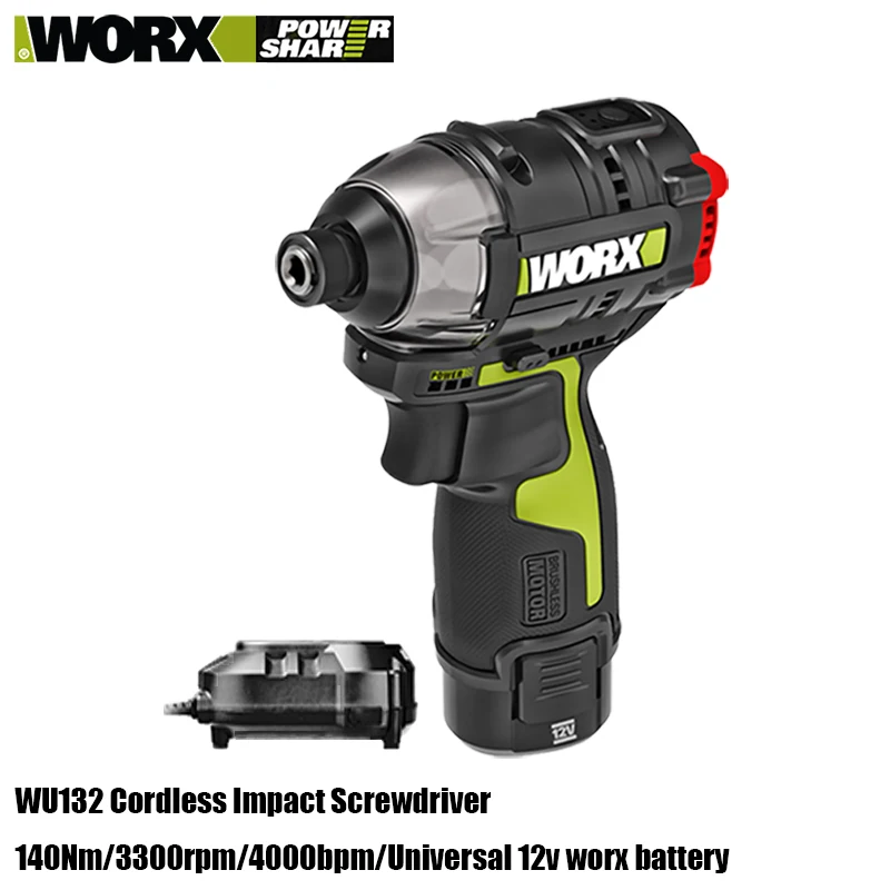 Worx-コードレスインパクトドライバー、ブラシレス、3スピード調整、ベアツール、1バッテリーと充電器、wu132、12v、140nm、3300rpm、4000bpm