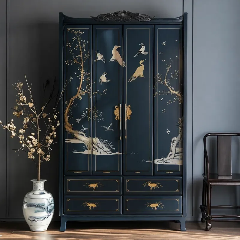 Retro Chinese Style Solid Wood Wardrobe Painted Antique Decorative Cabinet for Bedroom Living Room Storage Locker Furniture