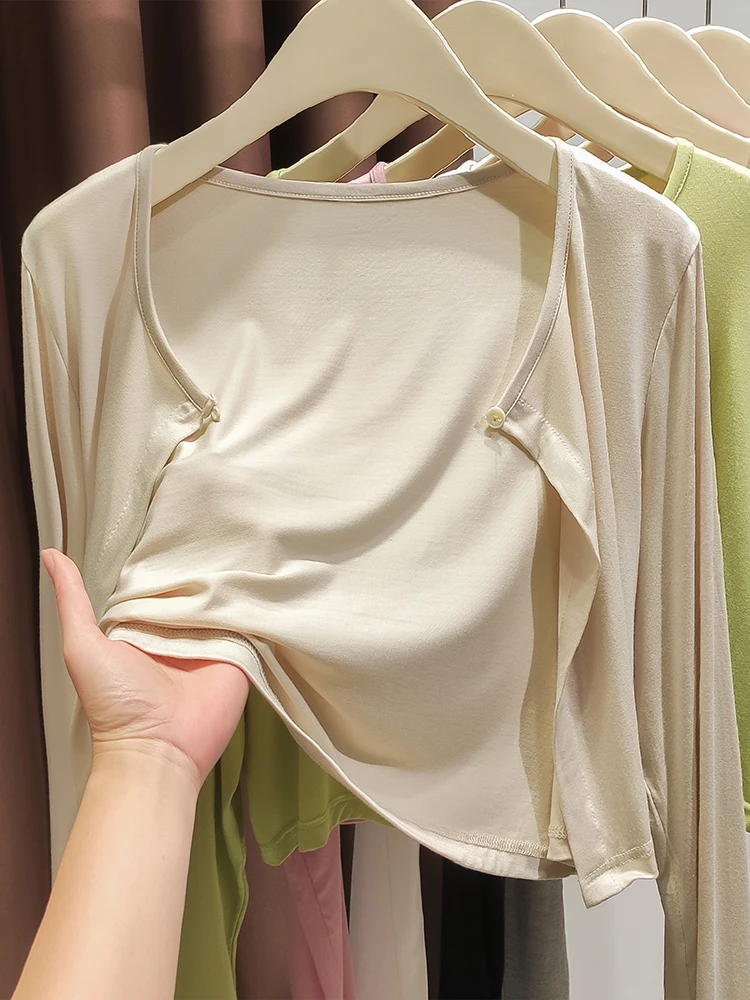 Modal Knitted Cardigan Women's Thin Strap Vest Outer Sunshade Large Size Shawl Casual Loose Fit Spring Fashion Ladies' Outerwear