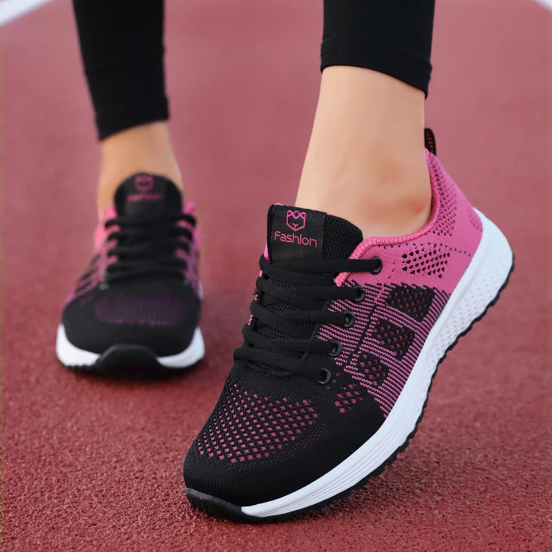 Damskie buty na co dzień Oddychająca siatka do chodzenia Zasznurować płaskie buty Trampki Damskie Tenis Feminino Różowy Czarny Biały