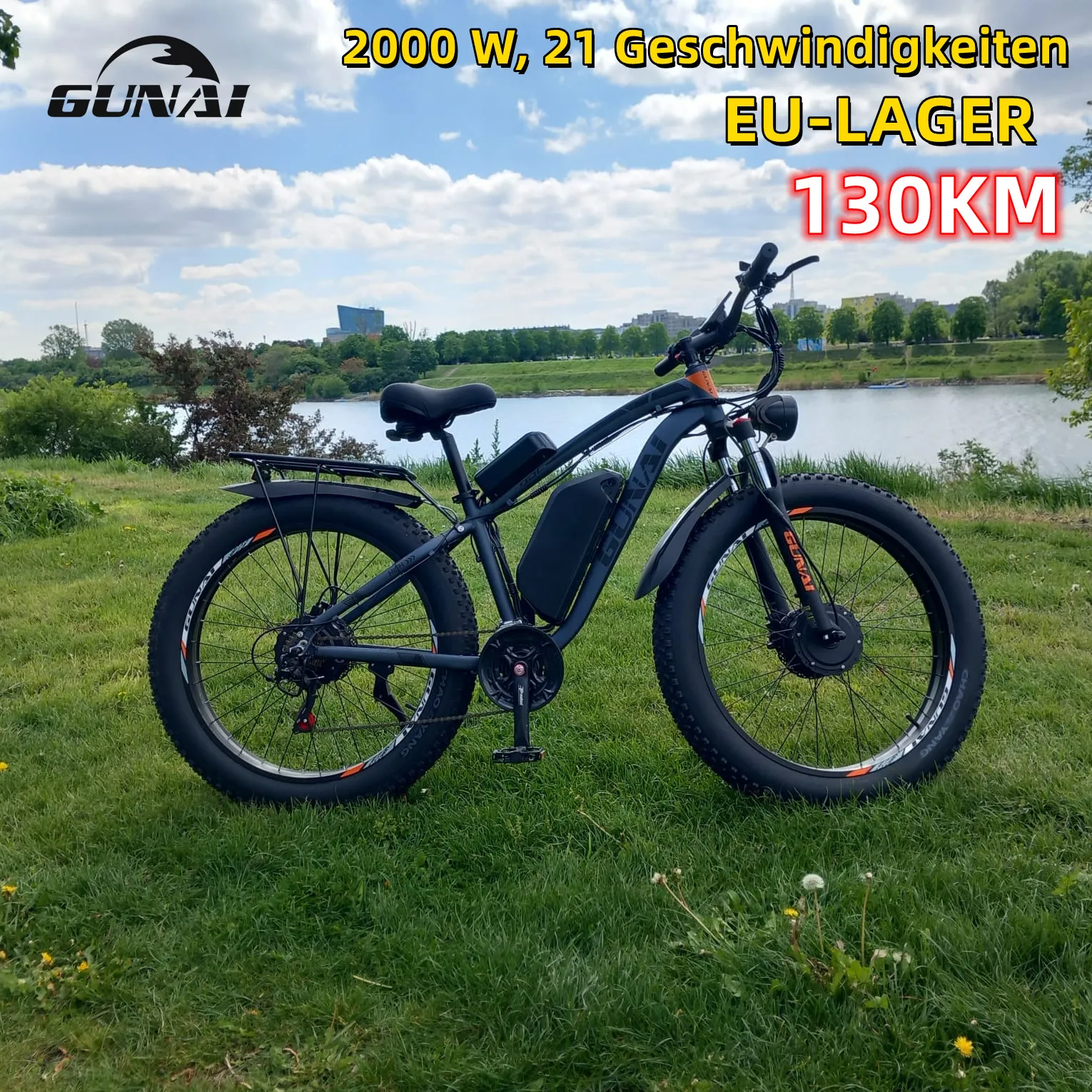 GUNAI Electric Bicycles 2000W Dual Motor 26Inch Fat Tire Adults Ebike 55km/h 21 Speed 130KM Mileage with 48V 22AH Battery Bike