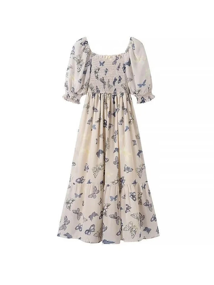 

Summer Butterfly Print Midi Dress Women Vintage Short Sleeve Slim A-line Chiffon Dresses