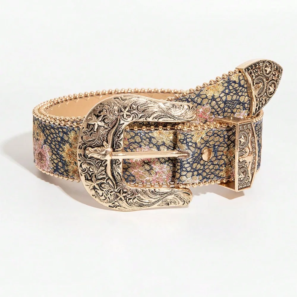 1 Piece of Multi-color Retro Gold Bull Head Metal Carved Buckle with Glitter Powder Flower Print PU Belt