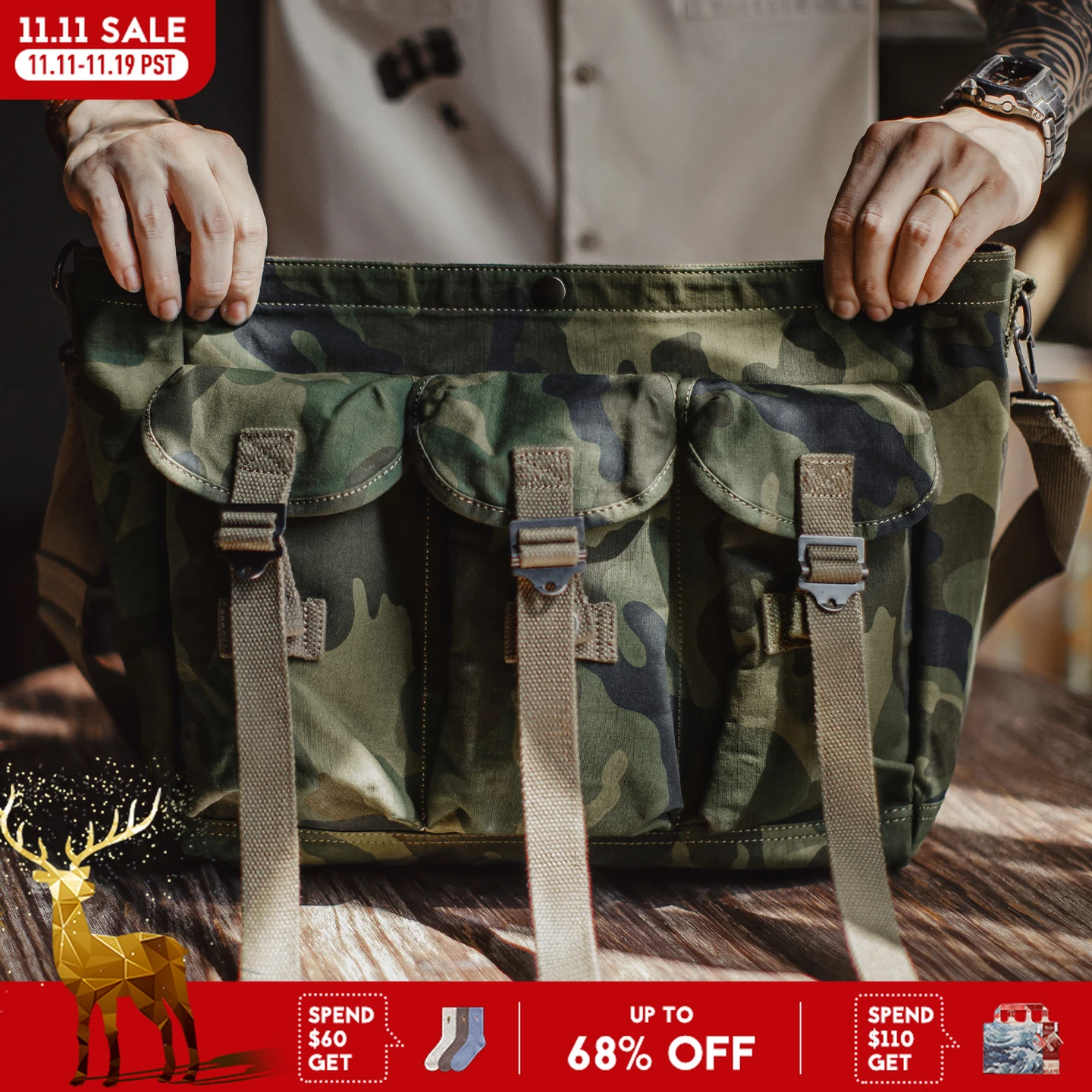 

Maden Vintage Men's Large Capacity Tactical Crossbody Bag Camouflage Cotton Messenger Bag Outdoor Jungle Training Shoulder Pack