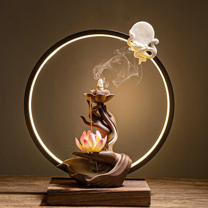 Home Retro Ornament Zisha Backflow Incense Holder Lotus & Buddha Hand with Light Ring  (Without Incense)