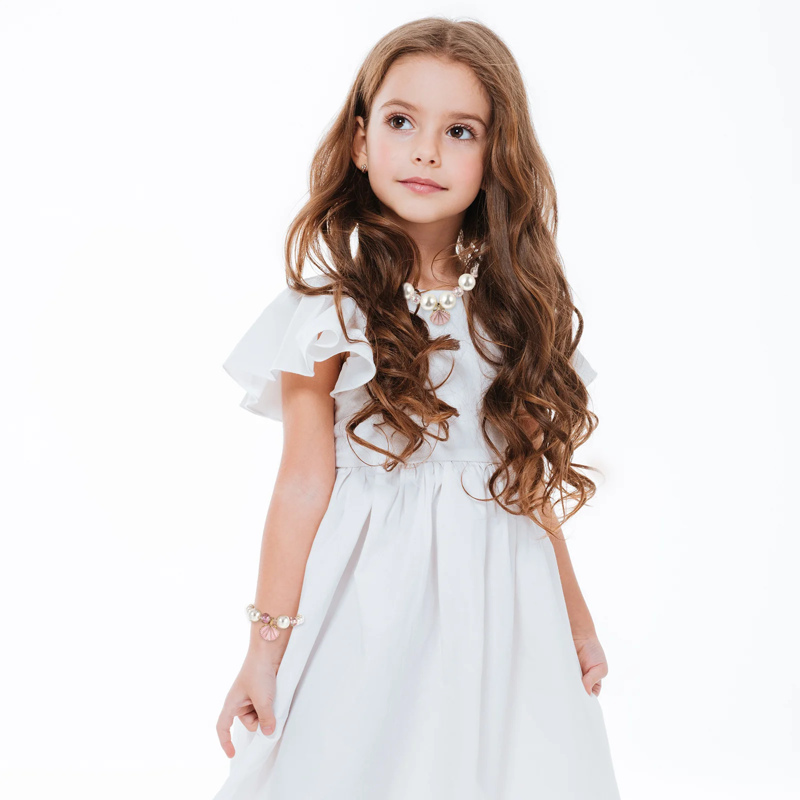 Shell Simulated Pearl Necklace Bracelet Set Pink Kids Jewelry Kit Toddler Girl Necklace Bracelet Gift Stage Performance