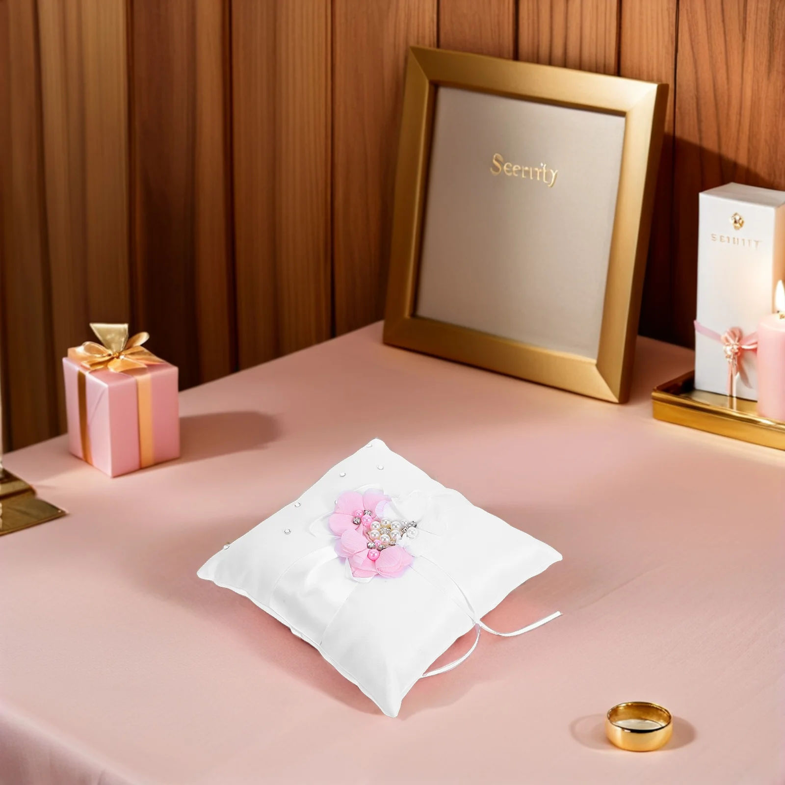 

Wedding Ring Pillow Pearl Flower Ribbon Embellished Compact Lightweight Strap Ring Bearer Pillow Wedding Ceremony