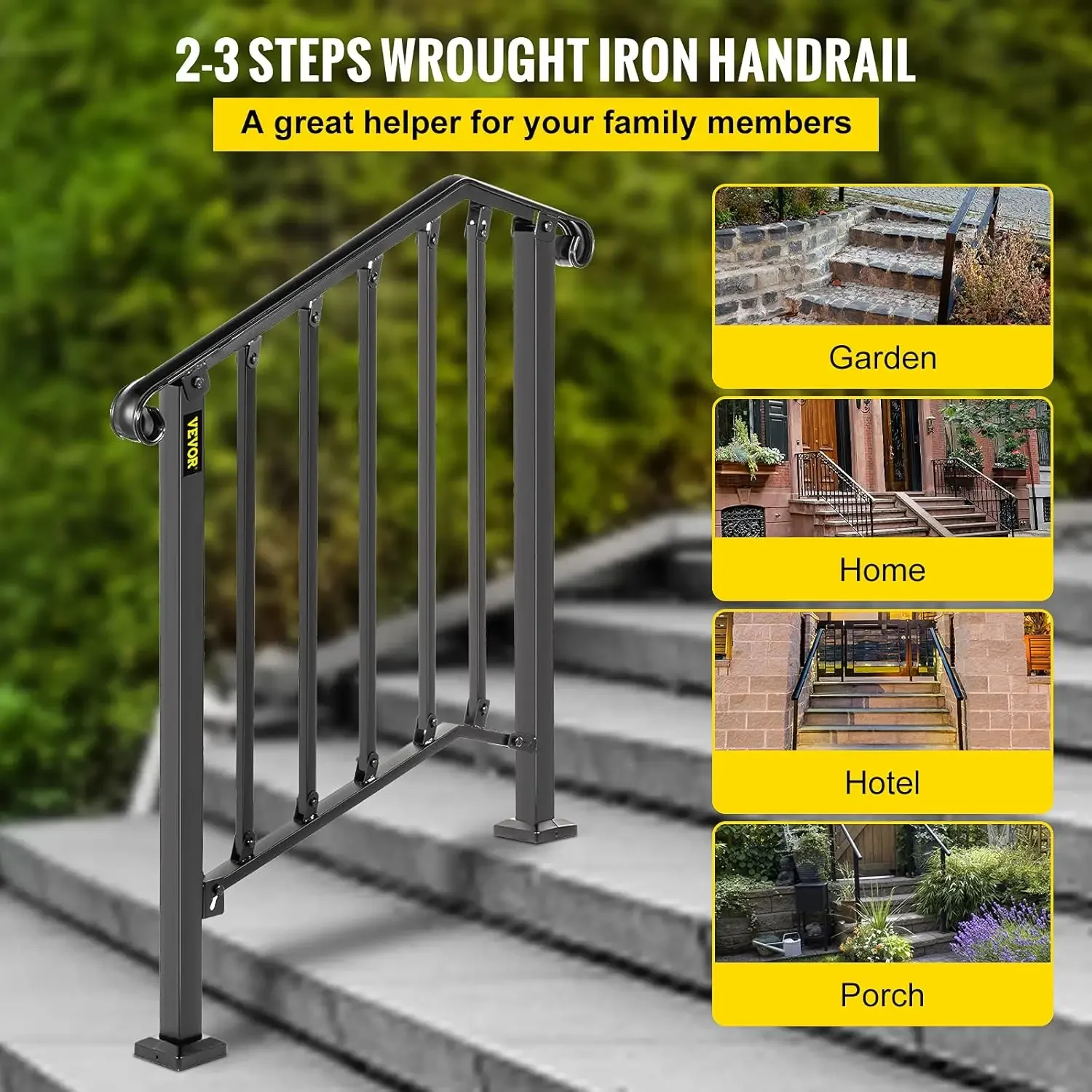 Handrails for Outdoor Steps, Fit 3 Steps Outdoor Stair Railing, Picket#2 Wrought Iron Handrail, Flexible Porch Railing