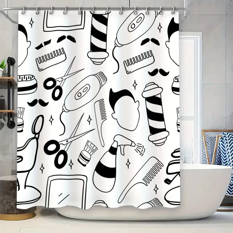 

Stylish Haircut Shower Curtain with Barber Shop Theme for Bathroom Decor Black White Patterned Waterproof Fabric Size: 72x84 inc