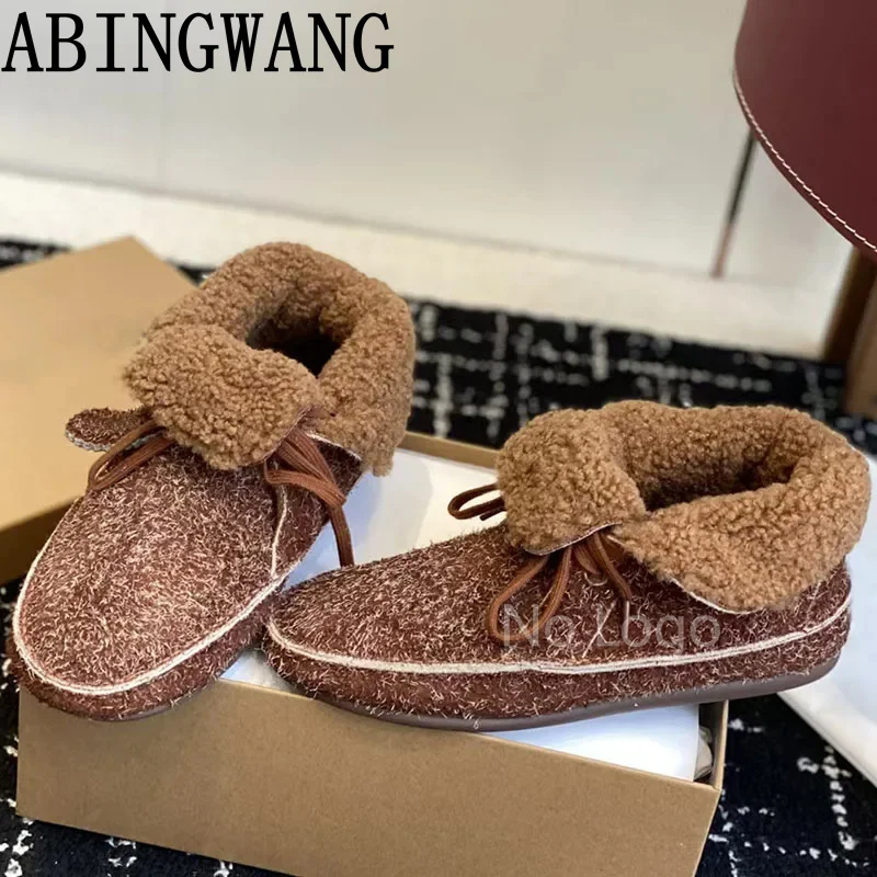 2025 Autumn New Lace Up Round Toe Flats Heel Ankle Boots for Women Casual Fashion Ladies Warm Ankle Boots For Women