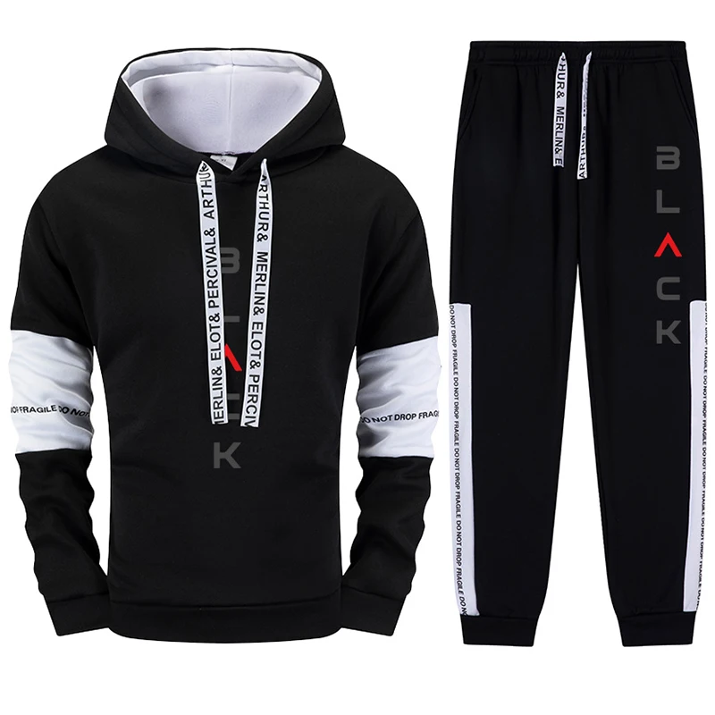 2025 Street Style Men's Tracksuit Black Letter Print Hoodie and Sweatpants Urban Fashion Outfit Fall/Winter Training Sports Suit