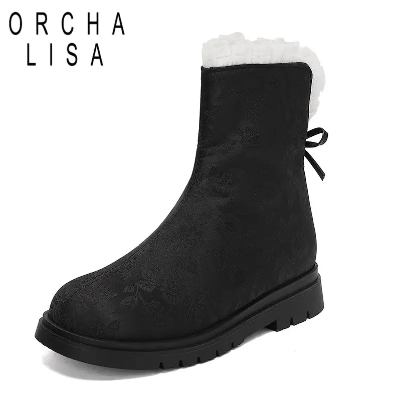 

ORCHA LISA Hot Girls Mid Calf Boots Round Toe 3.5cm Thick Heel Zipper Bowknot Small Size 31 32 33 Warm Short Booties Winter