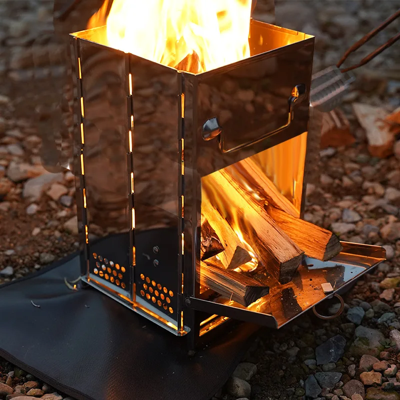 Estufa de leña elevada para acampar y picnic al aire libre, estufa de hoguera de barbacoa de carbón plegable integrada de acero inoxidable, A945