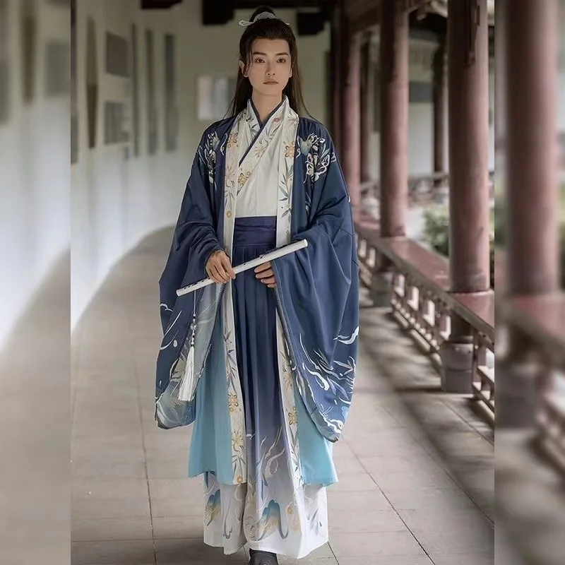 Fairy Floral Hanfu Dress Traditional Chinese Weijin Period Printing Costume Cultural Young Boys Girls Swordsman Cosplay Garment