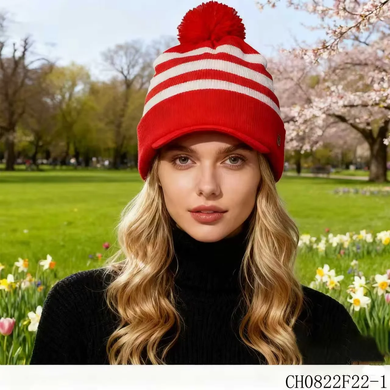 PESENAR Festliche rot-weiß gestreifte Strickmütze mit Bommel – klassisches Weihnachts-Winter-Accessoire