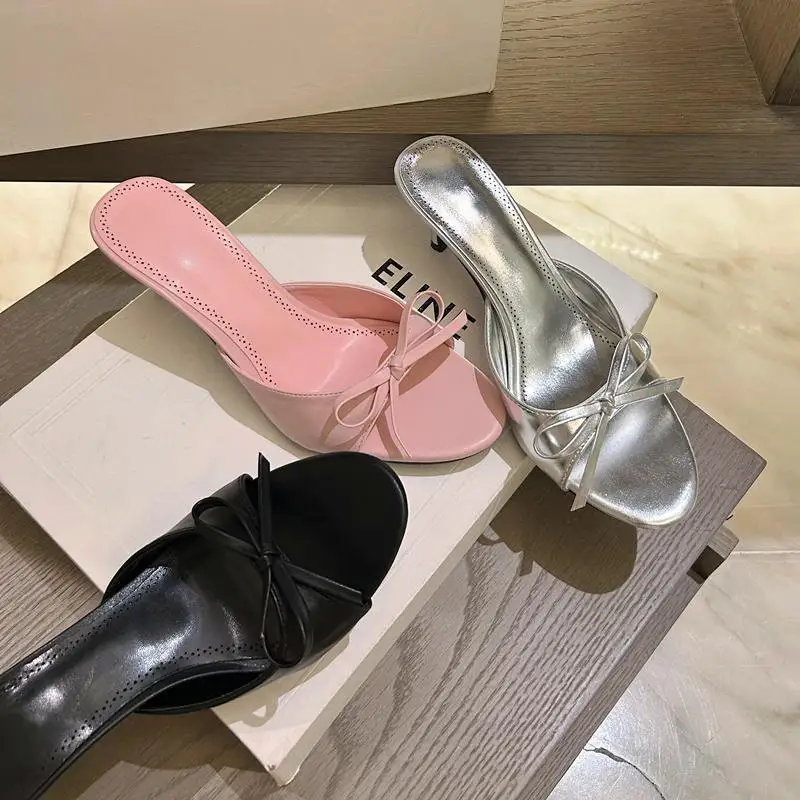 Satin Butterfly-knot Women Slippers Fashion Polka Dot Party Dress Slides Thin High Heel Ladies Elegant Slides Pump - view 2