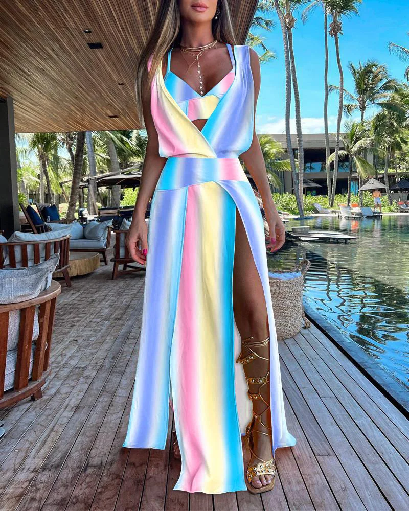 2025 sommer Ärmellose Tiefem V-ausschnitt Kleid Frauen Sexy Backless Saum Schlitz Straße Strand Schlanke Elegante Frau Maxi Kleider 2-stück Sets