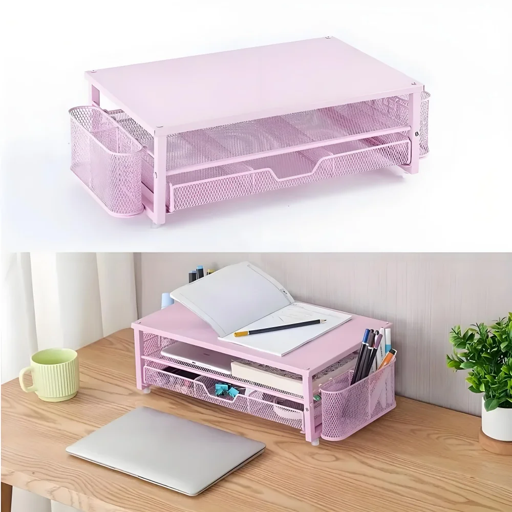 2-Tier Desk Organizers and Accessories, Pink & Black Computer Monitor Stand with Drawer, Pen Storage & Tablet Phone Holder