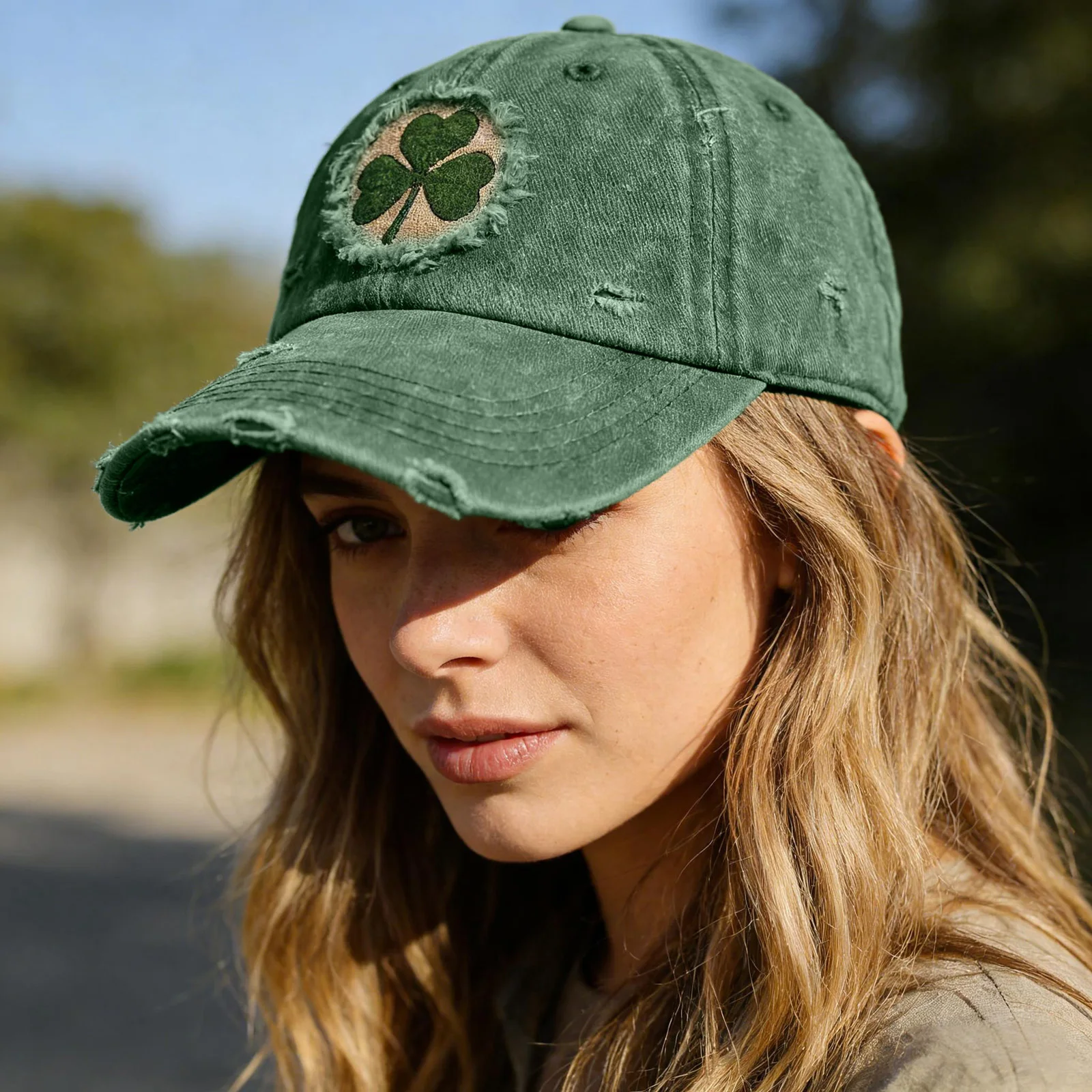 Distressed Washed Cotton Baseball Cap With Embroidered Patch - Retro Clover Casual Hat For All Seasons, Sports Hats, Unisex