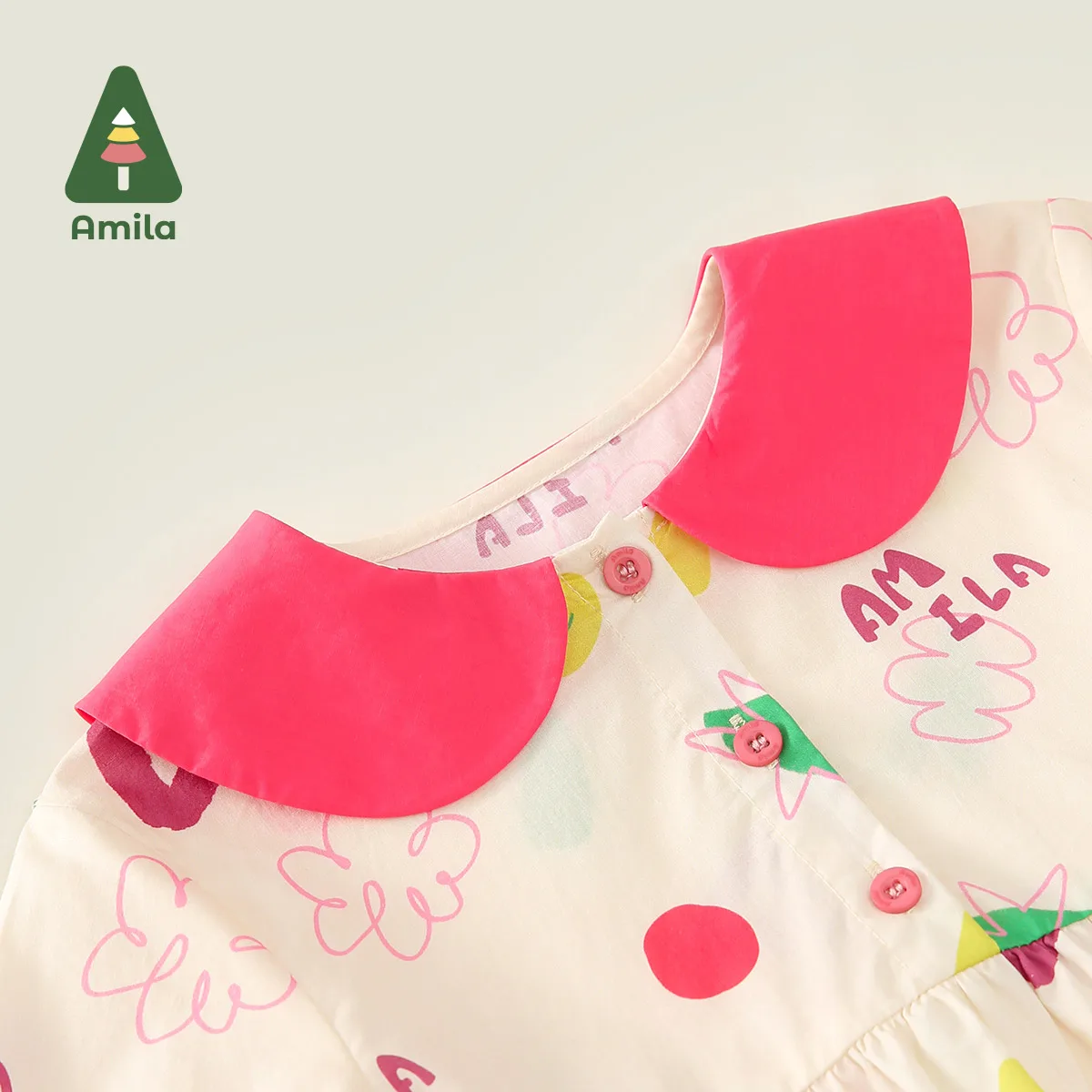 Amila Baby Girl Dress 2024 Spring New Doll collar Cute Sweet Pure Cotton Soft Breathable High Quality Baby Clothing