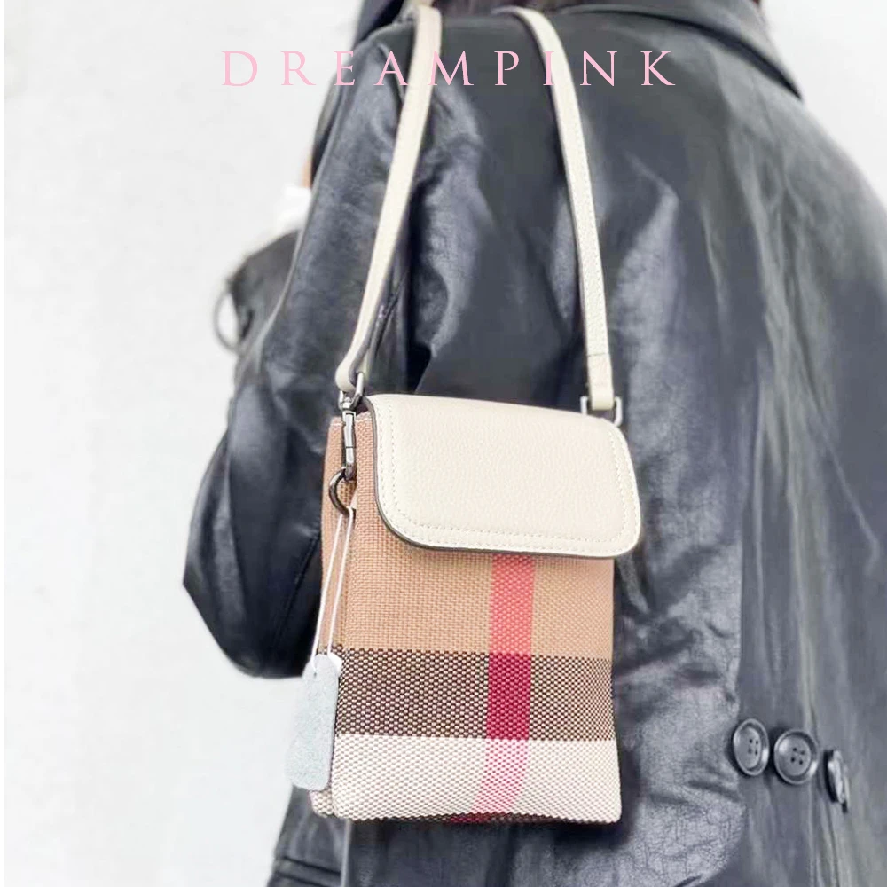 Fashion Women Phone Bag 2023 High Quality Stripes Plaid Canvas Leather Lady Shoulder Bag Small Mobile Purse Messenger Handbag