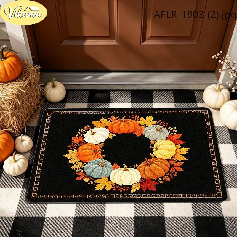 VIKAMA Autumn Door Mat Pumpkin Wreath Circle Orange White Blue Pumpkin Fall Welcome Rug Indoor 2027 Christmas Home Decor