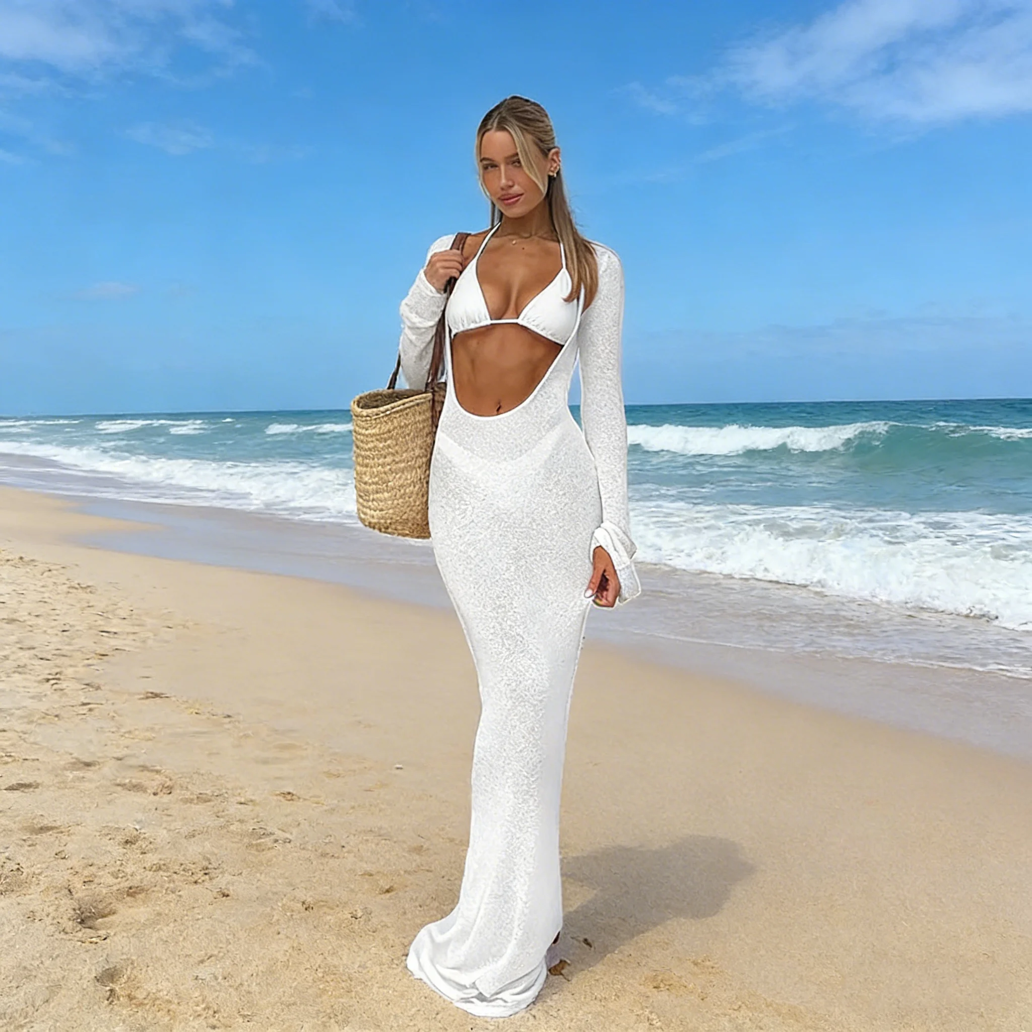 

Сексуальный однотонный купальник-бикини из 3 предметов с длинными рукавами и вырезами, пляжная одежда, новинка 2026 года