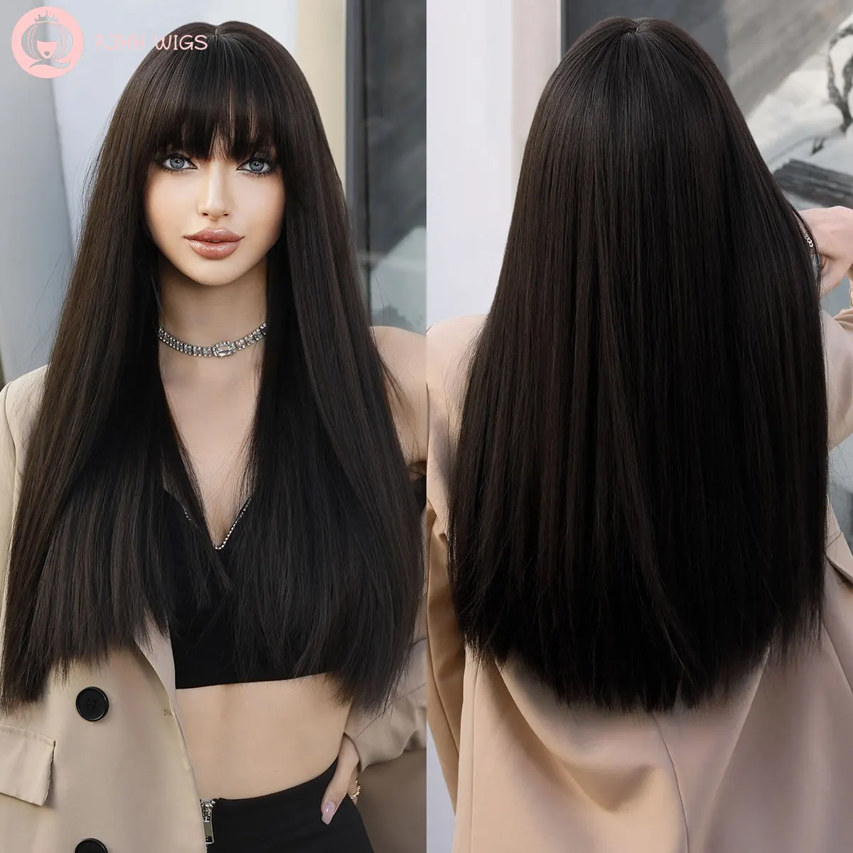 7JHH WIGS ธรรมชาติแบบยาววิกผมปลอมสีดำกับ Bangs ตรงวิกผมผู้หญิง,ความร้อนทน Dark วิกผมสังเคราะห์สีน้ำตาลทุกวัน