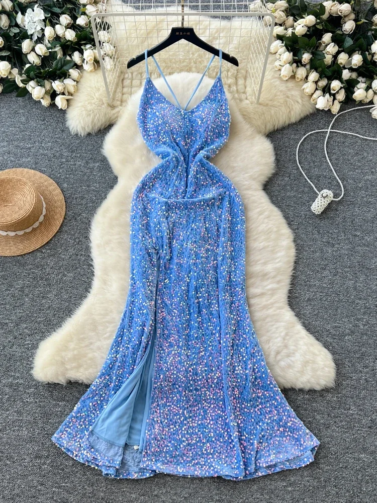

Spring Senior Sequins Party Dresses Woman Fashion Strapless Sleeveless High Quality Elegant Split Slim Backless Sexy Dress New