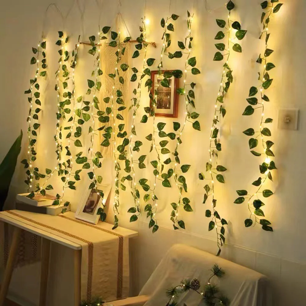 Green Leaf String Lights Artificial Vine Fairy Lights Battery Powered Christmas Tree Garland Light for Weeding Home Decor