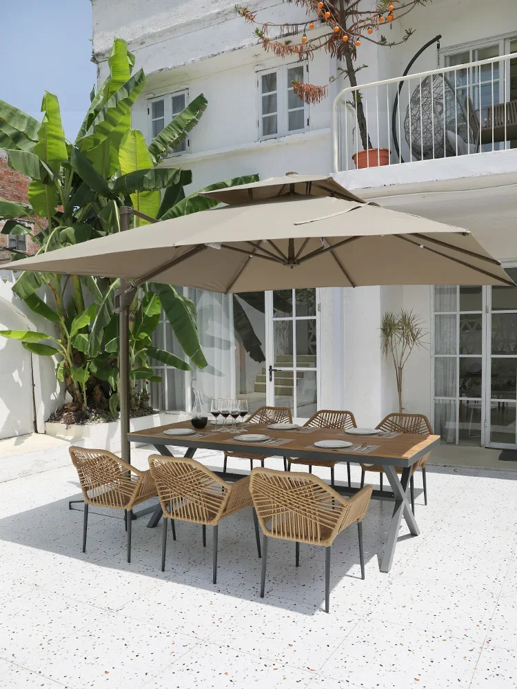 

Outdoor table and chair courtyard with umbrella open-air balcony leisure garden villa outdoor waterproof wood rattan table and