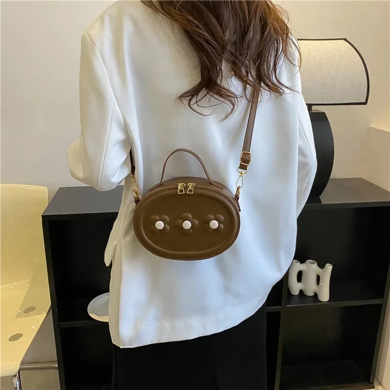 PU Round Shoulder Bags Trendy Leisure Commuting Adjustable Crossbody Simple Cute Flowers Design Shoulder Women's Bags