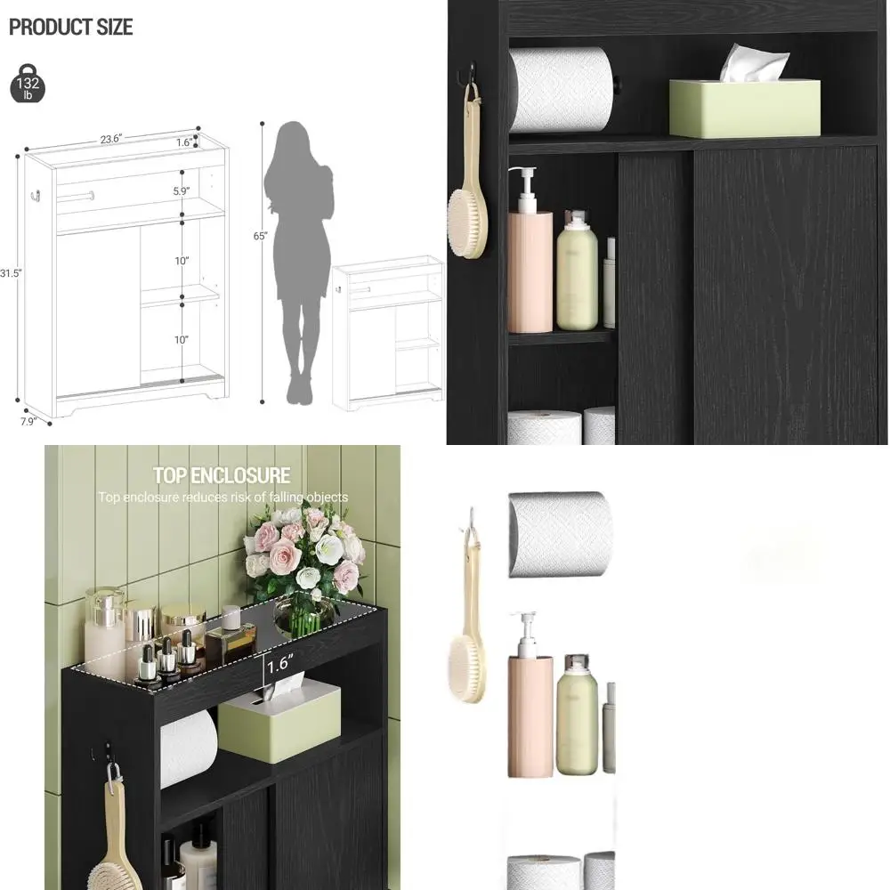 

Compact Black Bathroom Storage Cabinet with Sliding Door and Toilet Paper Holder for Small Spaces