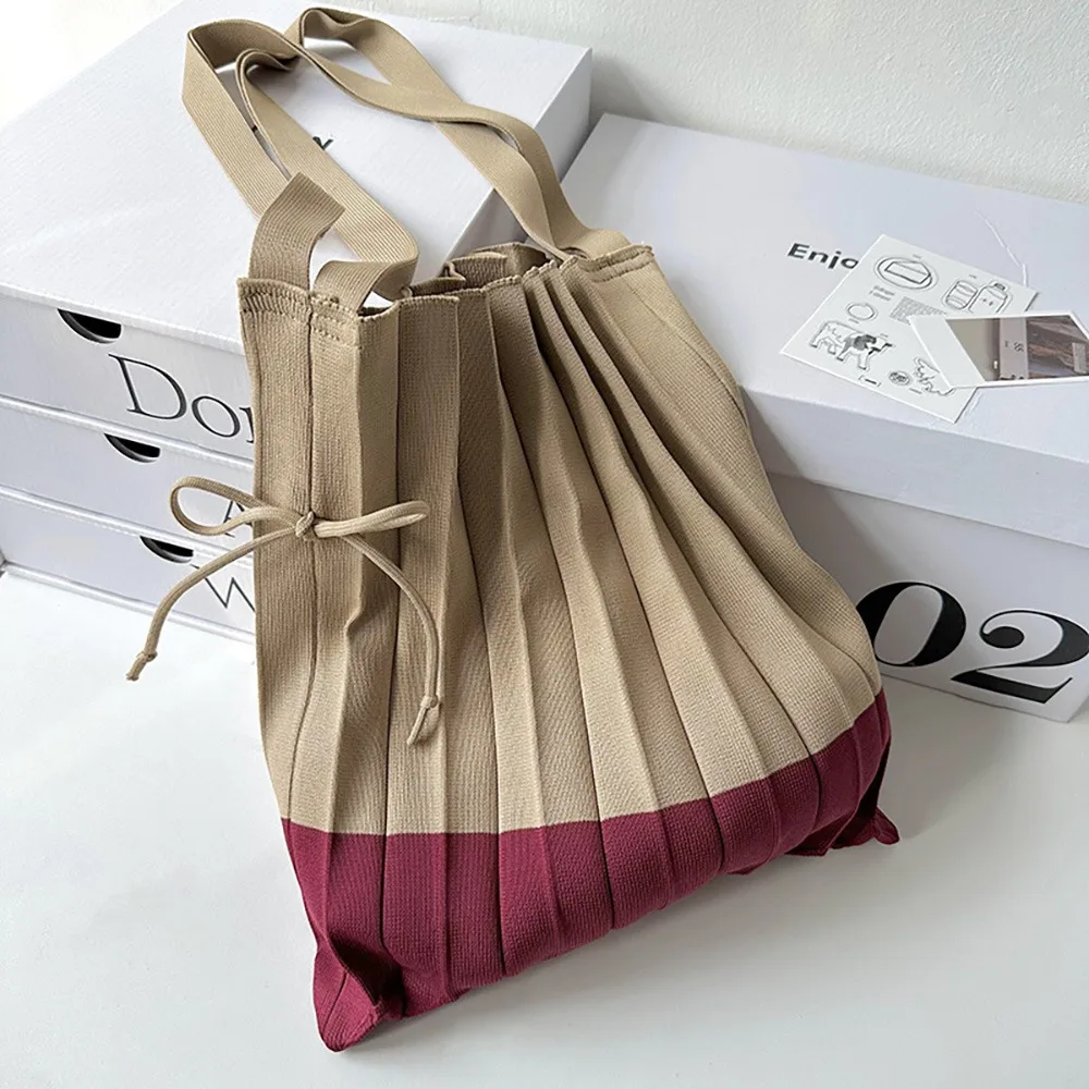 Handbag Knit Folding Shopping Bag Shoulder Pouch Eco-Friendly Foldable Eco Bag Large Capacity Contrast Color Pleated Bag Outdoor