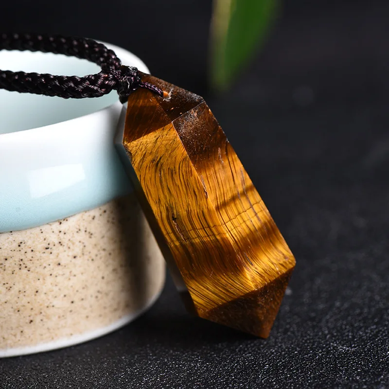 Wholesale natural yellow tiger eye stone crystal column double pointed hexagonal prism pendant necklace, raw stone polishing, ho