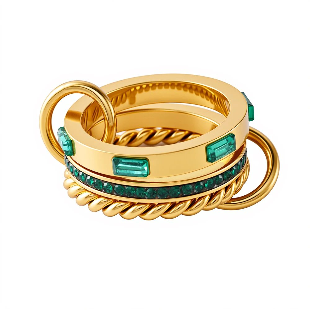 2026 JINHUI Three Ring Stackable Stainless Steel Gold-Plated Green Zircon Ring with 678 Size, Women's Holiday Gift Ring